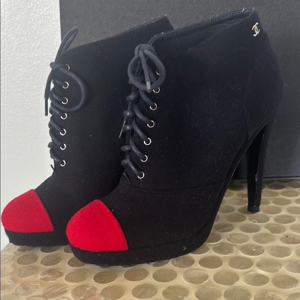 CHANEL Wool Lace Up Navy and Red Booties